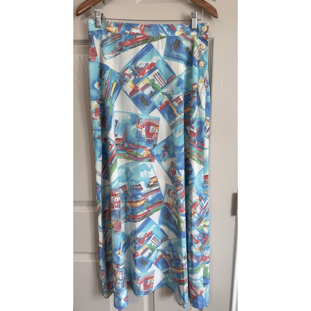 Cambridge Dry Goods Skirt Womens 12 Blue Nautical Postcard Maxi Side Travel VTG